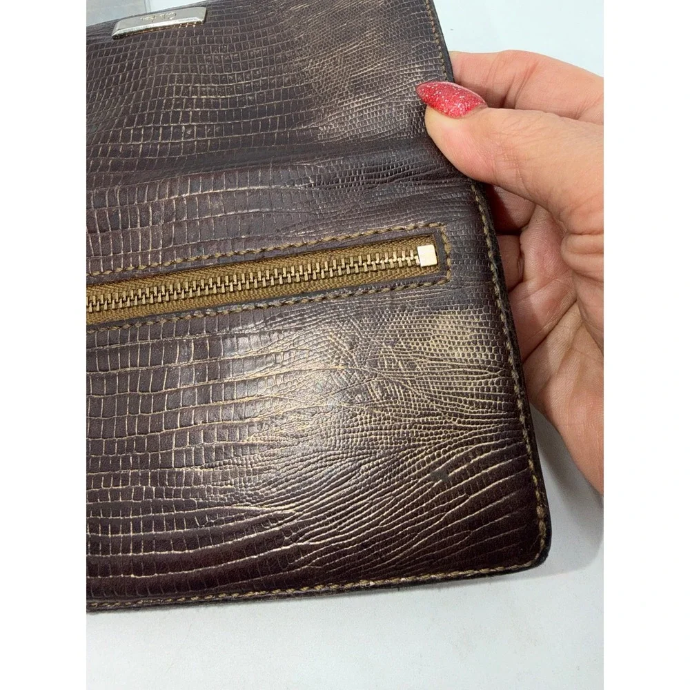 Cole Haan Metallic Bronze Lizard Embossed Leather Slim Continental Wallet